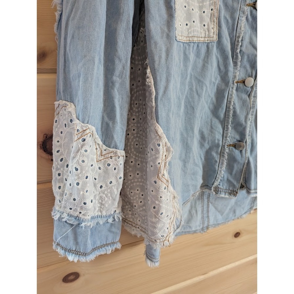 New Pol Denim Shacket Womens Top L Distressed Patchwork Indie Boho Anthropologie - Picture 4 of 11